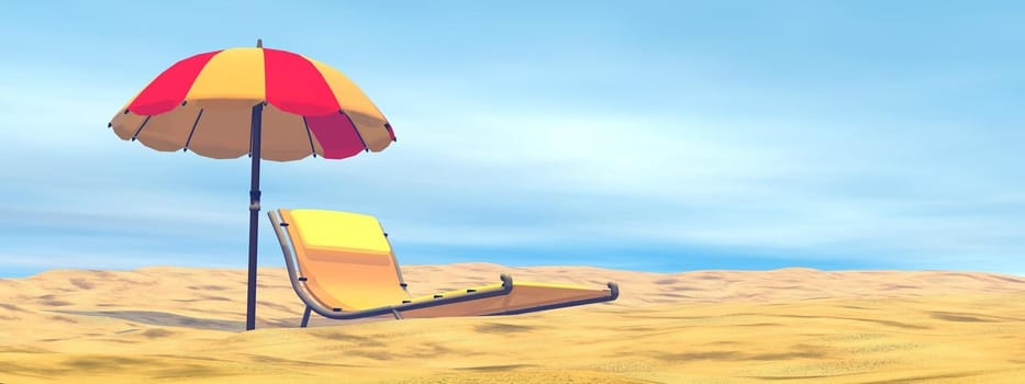 Colorful umbrella next to long chair at the beach by beautiful hot day