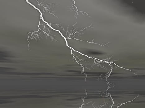 One white lightning upon water in grey cloudy background