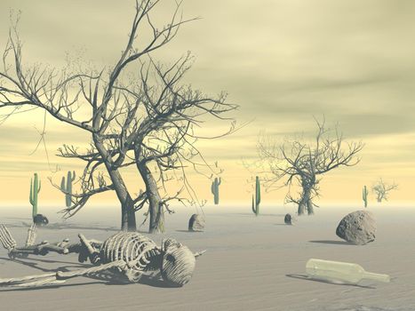 Skeleton lying in the desert next to empty bottle, rocks and dead trees by hot sunset