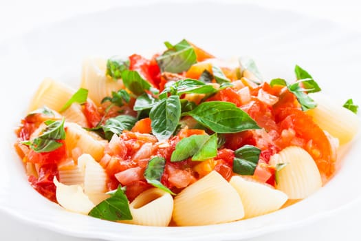 Pasta with sauce from fresh tomatoes and basil, close up