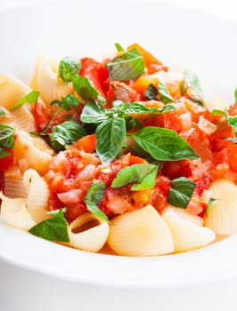 Pasta with sauce from fresh tomatoes and basil, close up