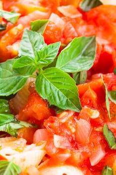 Pasta with sauce from fresh tomatoes and basil, close up