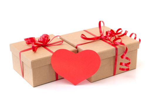 Valentine gift boxes with red heart, isolated on white background.