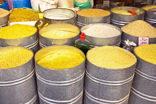Rice, spaghetti, noodles in big tons on a market in Morocco Africa