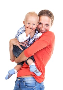 Young Caucasian woman and her baby son over white background