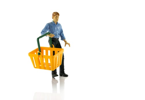 puppet man shopping with red basket