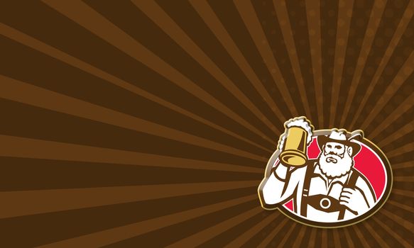 Business card template showing illustration of a Bavarian beer drinker raising beer mug drinking looking up wearing lederhosen and German hat set inside oval done in retro style.