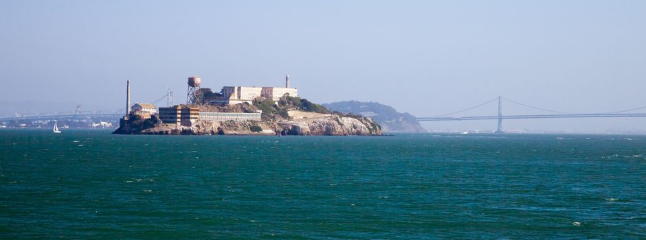 Alcatraz jail in San Francisco bay and Bay Bridge