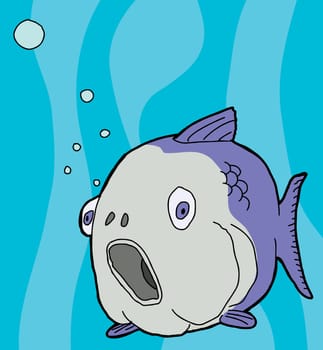 Single purple fish with bubbles underwater