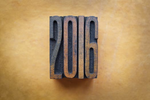 The year 2016 written in vintage letterpress type.