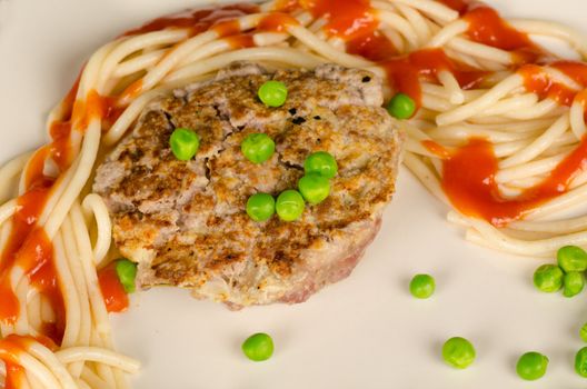 A burger with spaghetti hair, a kid meal