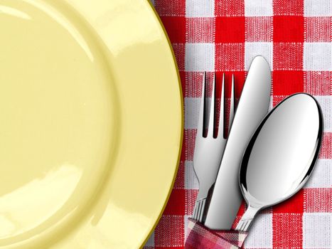 Plate with Fork and knife on Red Tablecloth