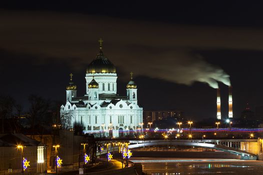 Night over Moscow river, Orthodox church of Christ the Savior, Moscow, Russia