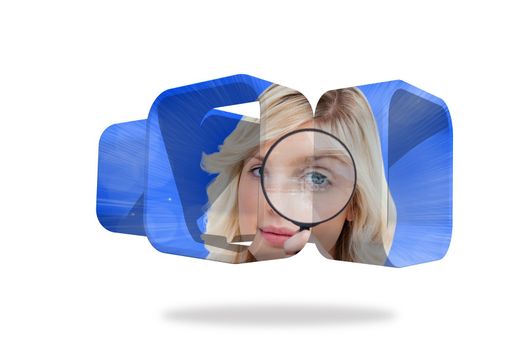 Blonde holding magnifying glass on abstract screen