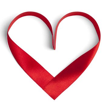 Red ribbon in a heart shape isolated on white. 3D illustration.