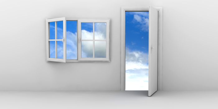 Open window and door on a blue sky