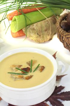 sweet chestnut soup with vegetables on a light background