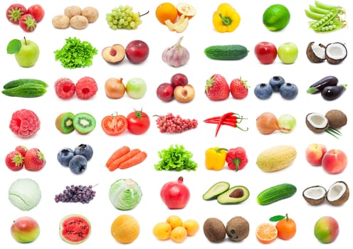 Collection of various fruits and vegetables isolated on white background