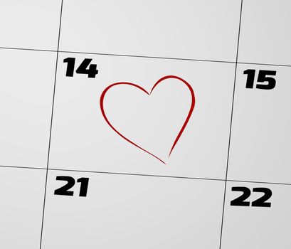 Illustration of a calendar page focusing on the 14th and marked with a red love heart