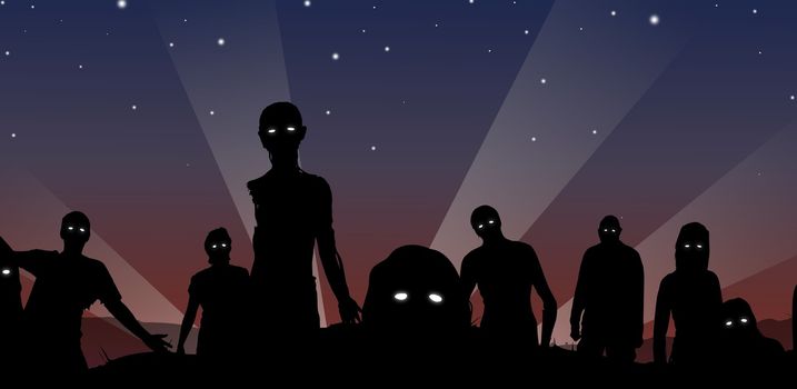 Illustration of a crowd of Zombies with glowing eyes