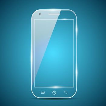 A futuristic glass transparent smartphone on a blue background