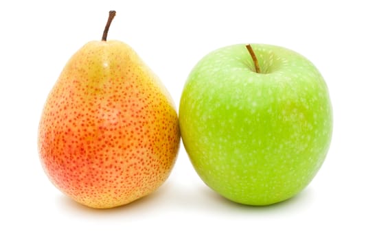 Fresh ripe pear and apple isolated on white background