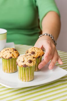 Nice girl hand taking delicious chocolate chip muffin at breakfast in green striped tablecloth