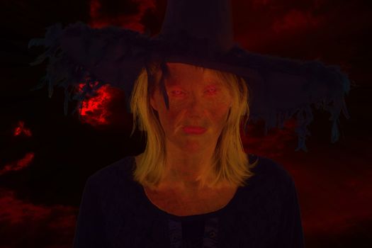 Dark witch in front of drastic black bloody sky