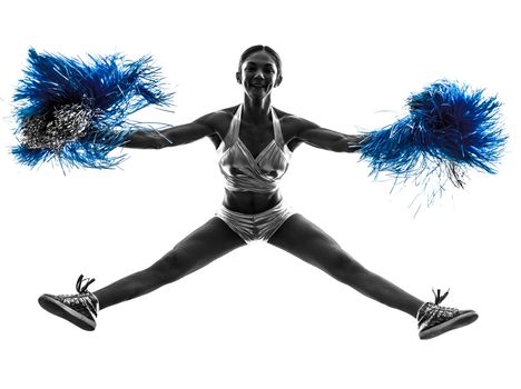 one young woman cheerleader cheerleading silhouette studio on white background
