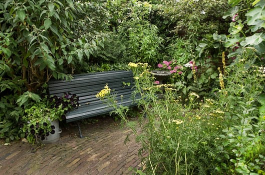 Country-style garden with bench and lots of flowers in summer