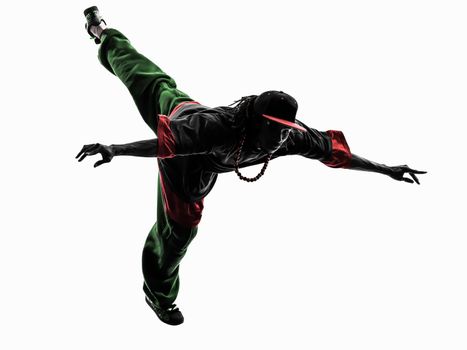 one hip hop acrobatic break dancer breakdancing young man jumping silhouette white background