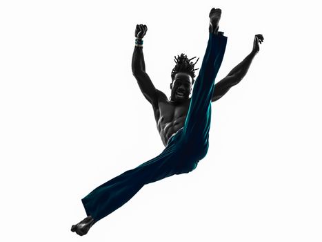 one man capoeira dancer dancing silhouette studio isolated on white background