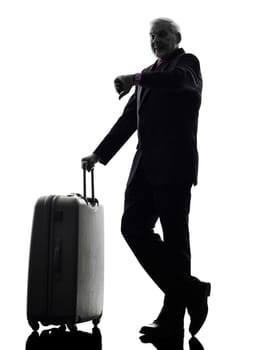 One Caucasian Senior Business Man Checking Time Silhouette White Background