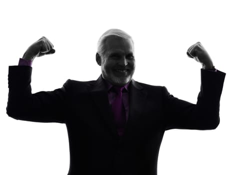 One Caucasian senior business man flexing muscles strong silhouette White Background