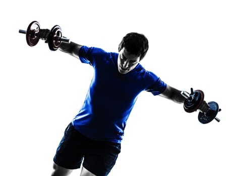 one caucasian man exercising weight training silhouette on white background