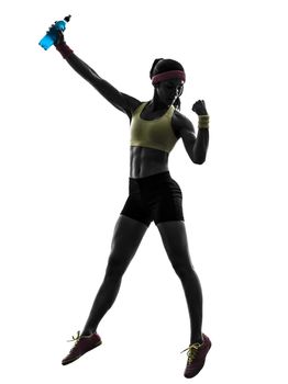 one woman exercising fitness holding energy drink in silhouette on white background