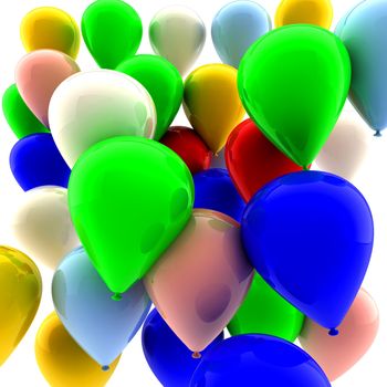 Many colored balloons fly in the air