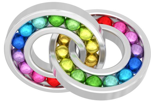 Bearings with colorful balls chained together isolated on white. High resolution 3D image