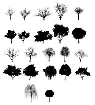 Collection of black trees isolated on a white background