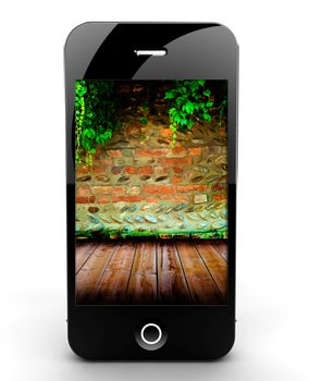 A smartphone isolated on a white background with brick wall and ivy