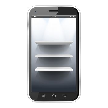 Three white shelves in a realistic black smartphone