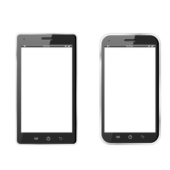 Two realistic smartphones isolated on a white background