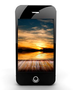 A smartphone isolated on a white background with sunset