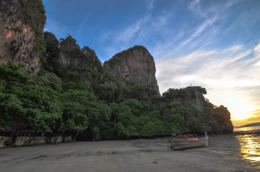 sunset panorama on railay beach Krabi Thailand, Asia.