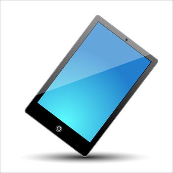 A elegant tablet with blue screen on a white background