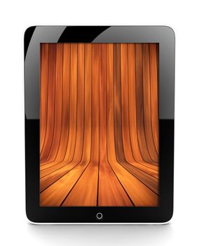 A tablet isolated on a white background with wooden stage