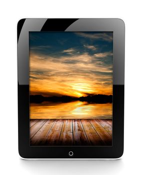A tablet isolated on a white background with sunset