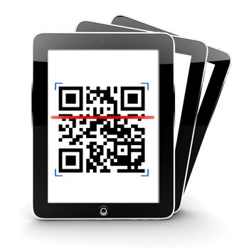 Illustration of a tablet scanning a QR code with other two tablets behind