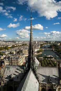 Vertical panorama of the top view of Notre Dame of Paris