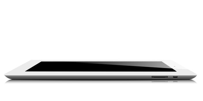 A white realistic lateral tablet with black screen